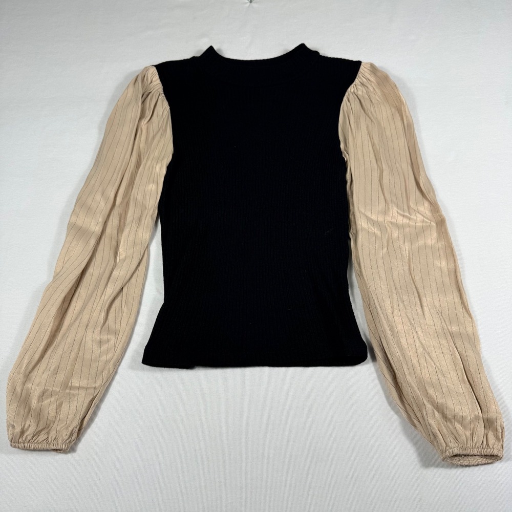 Zara Sweater Small Black Beige Ribbed Mixed Media Pinstripe Balloon Sleeve